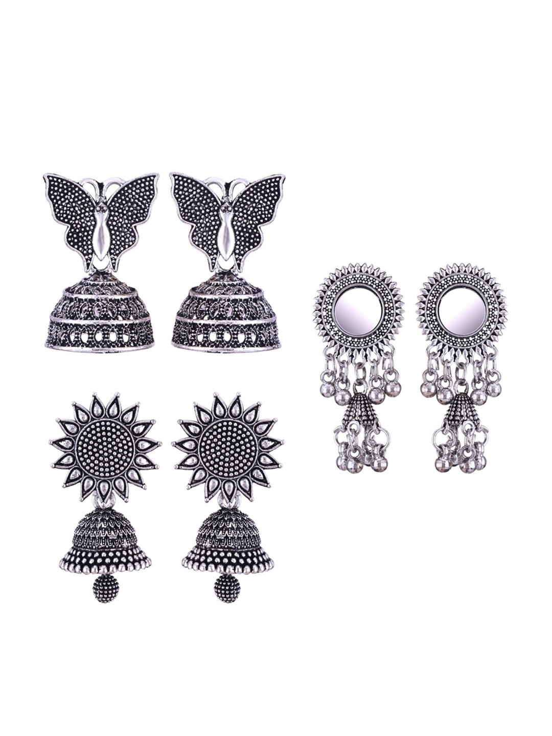 

MEENAZ Set Of 3 Silver-Plated Dome Shaped Jhumkas