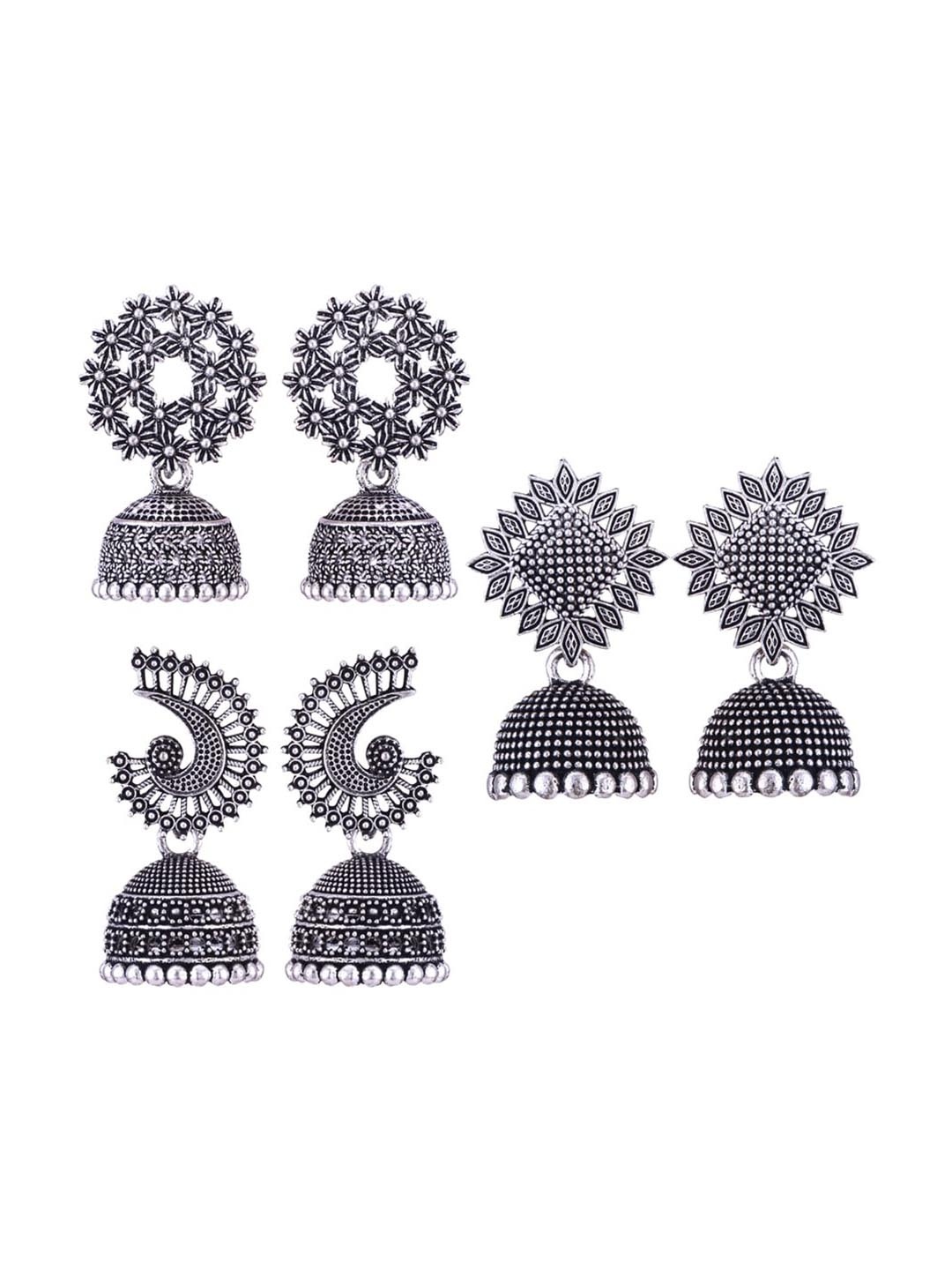 

MEENAZ Set Of 3 Silver-Plated Dome Shaped Oxidised Jhumkas