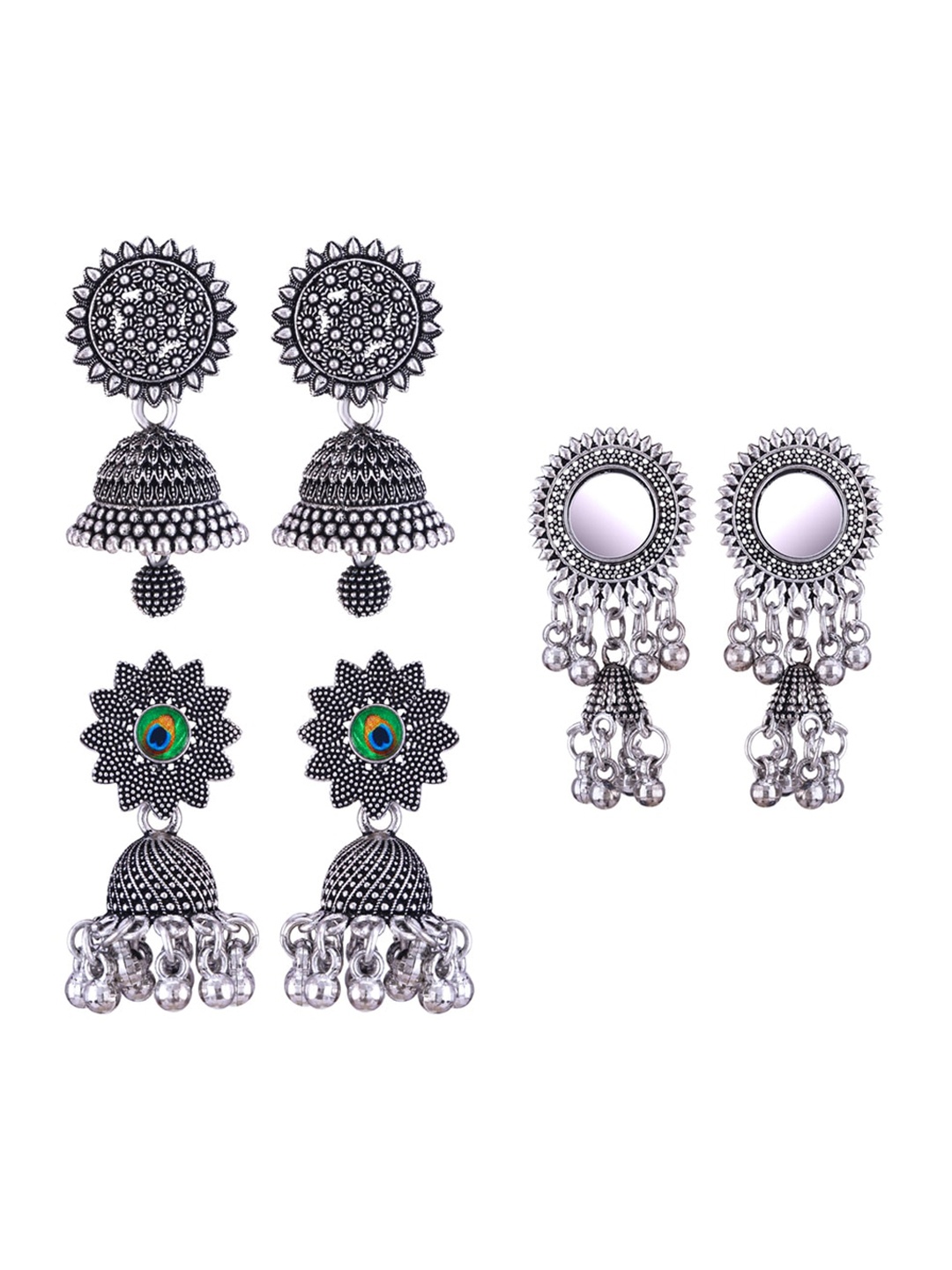 

MEENAZ Set Of 3 Silver-Plated Dome Shaped Oxidised Jhumkas