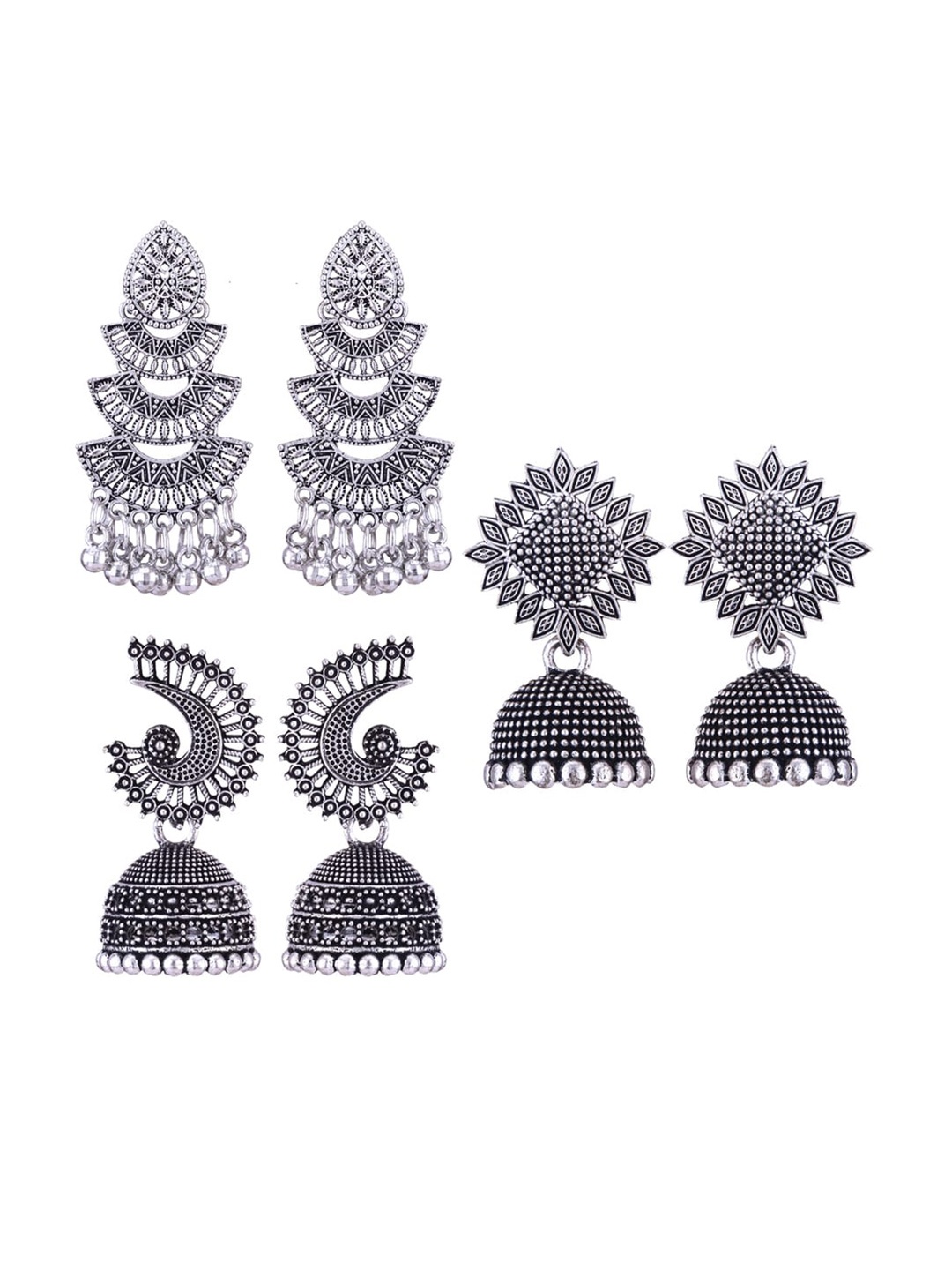 

MEENAZ Set Of 3 Silver-Plated Dome Shaped Jhumkas