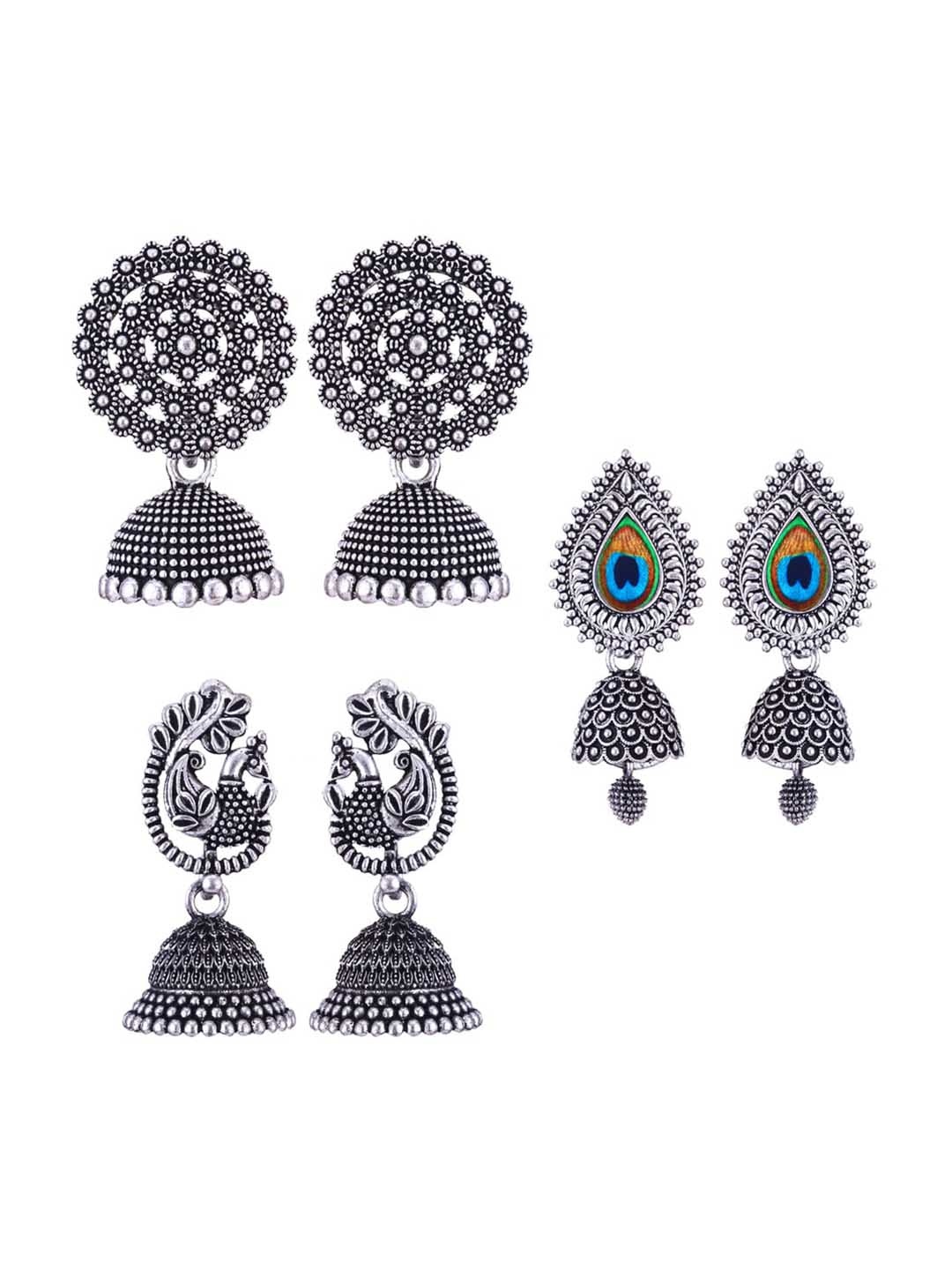 

MEENAZ Set of 3 Silver-Plated Dome Shaped Jhumkas Earrings