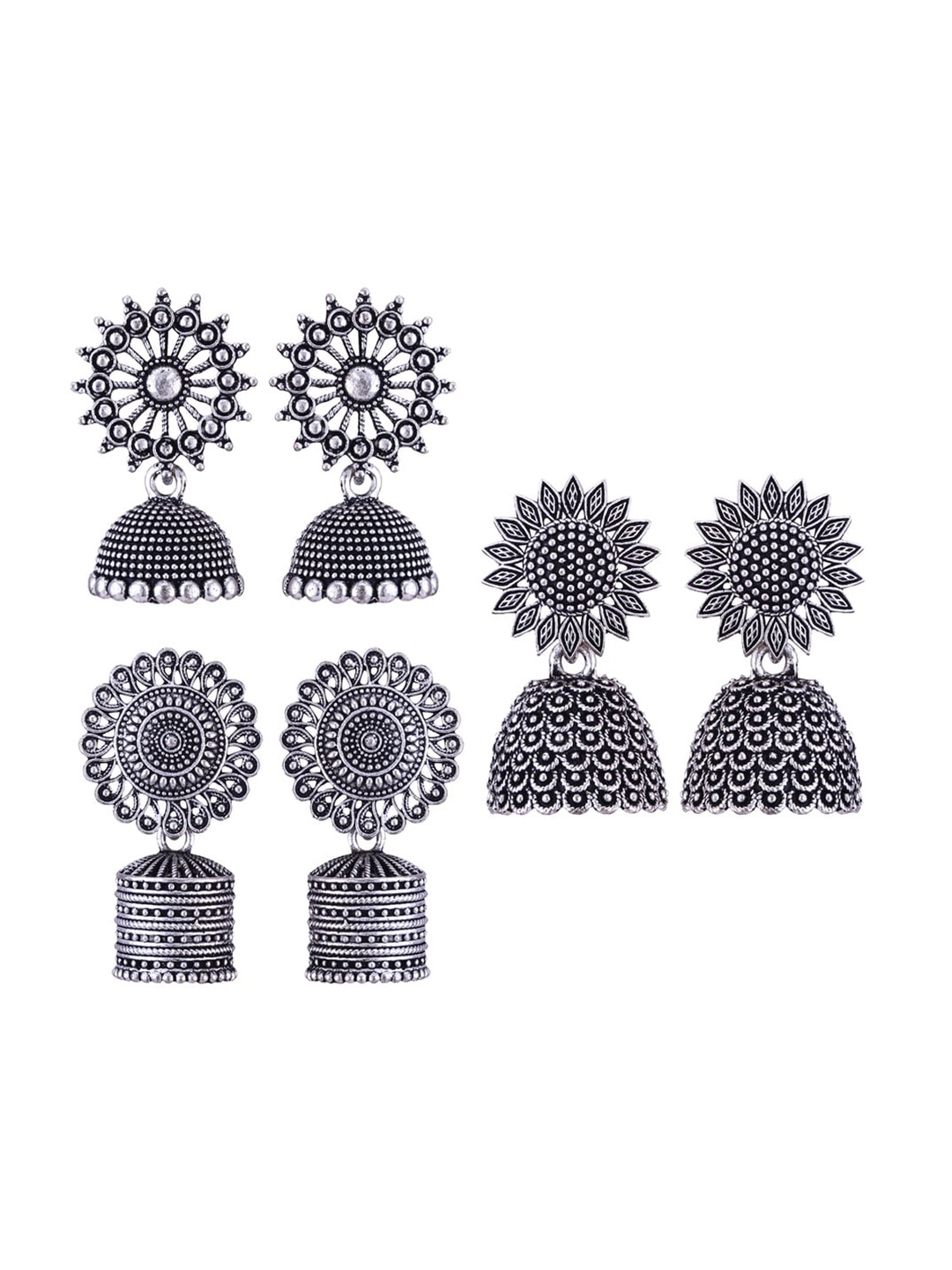 

MEENAZ Set Of 3 Silver-Plated Oxidised Peacock Shaped Jhumkas