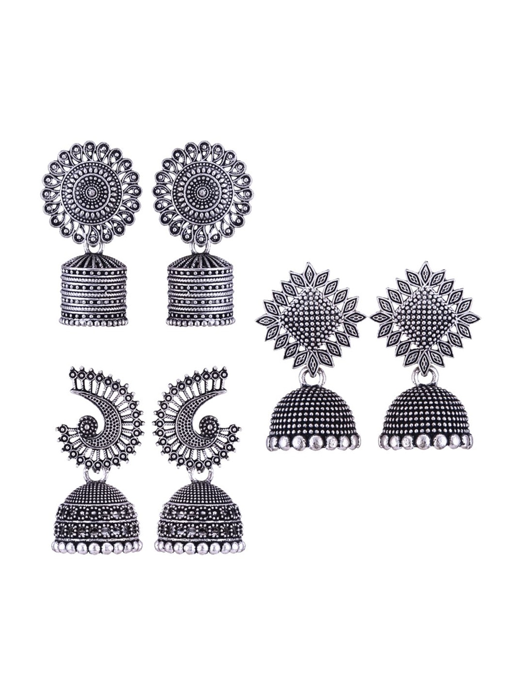 

MEENAZ Set Of 3 Silver-Plated Stainless Steel Studded & Beaded Peacock Shaped Jhumkas