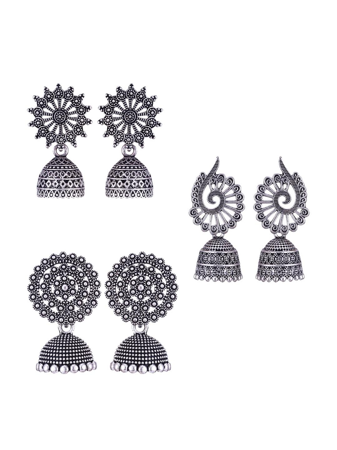 

MEENAZ Set Of 3 Silver-Plated Oxidised Peacock Shaped Jhumkas