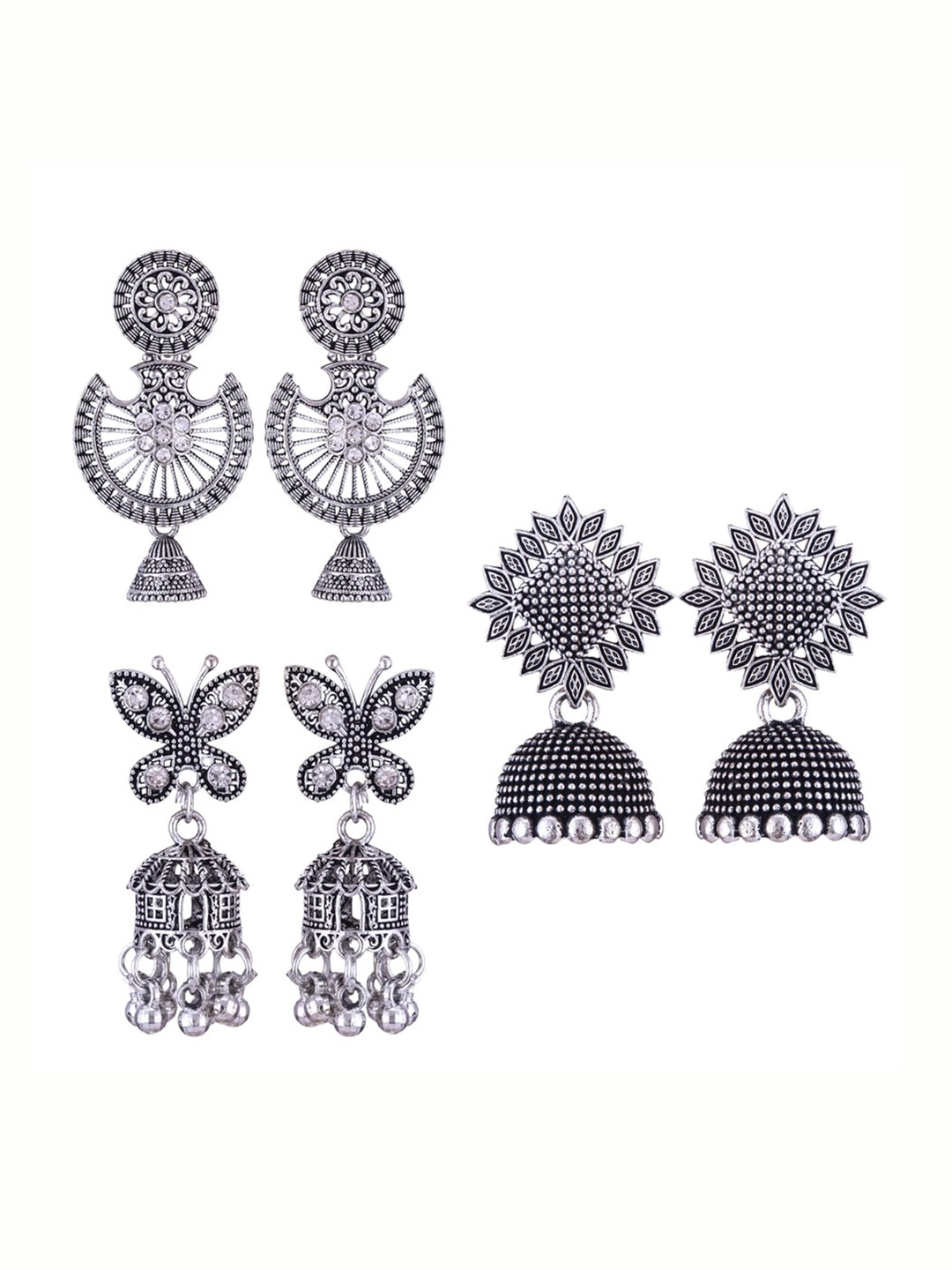 

MEENAZ Set Of 3 Silver-Plated Stainless Steel Studded & Beaded Peacock Shaped Jhumkas