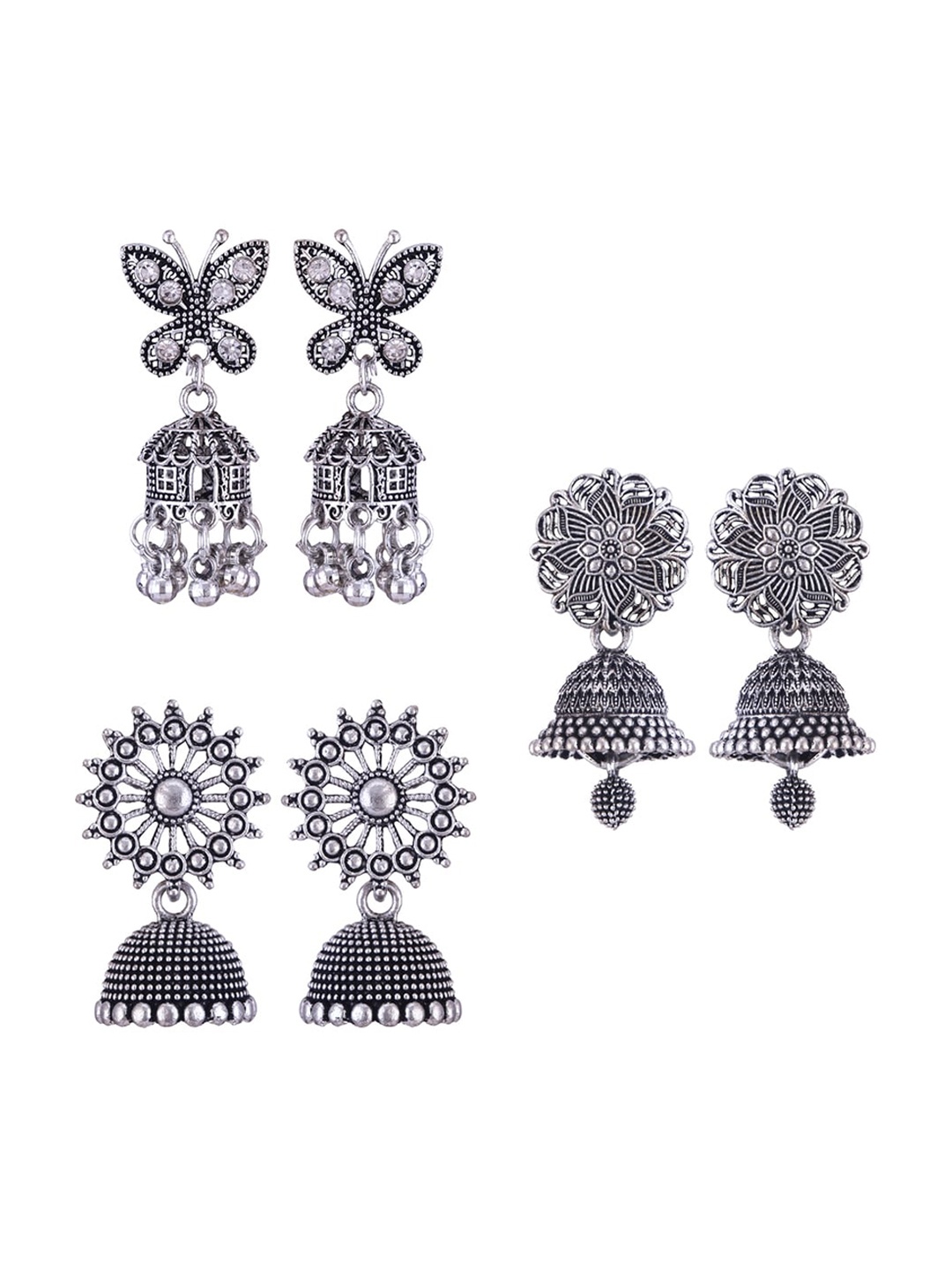 

MEENAZ Set Of 3 Silver Plated Jhumkas