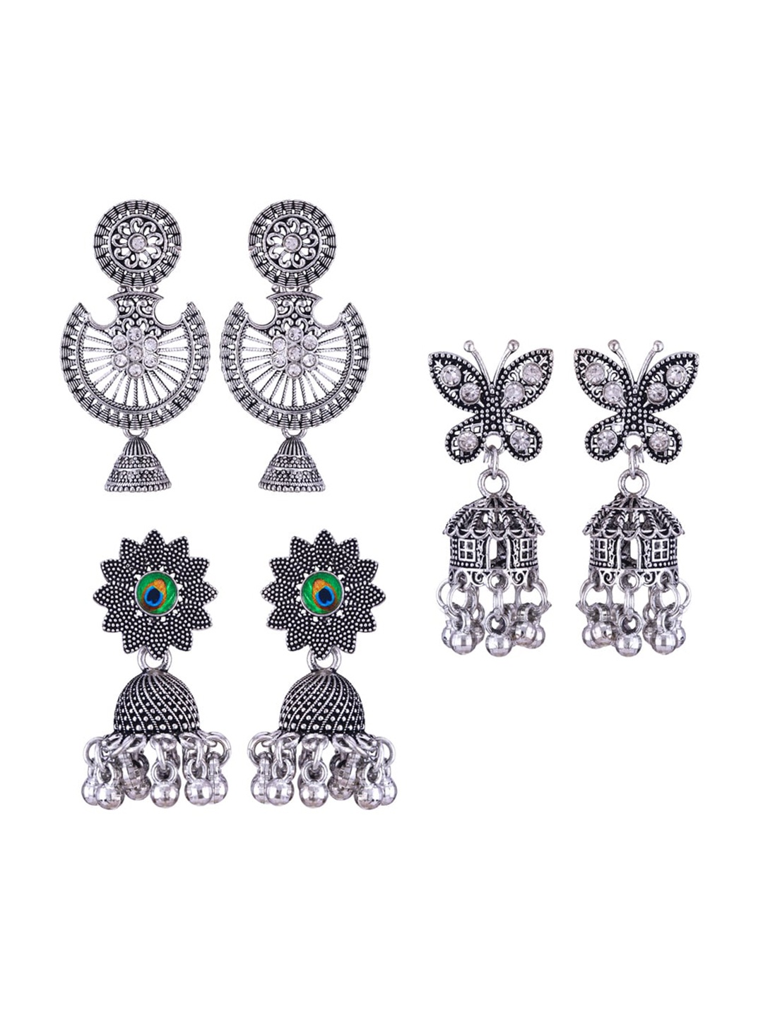 

MEENAZ Set Of 3 Silver-Plated Stainless Steel Studded & Beaded Peacock Shaped Jhumkas