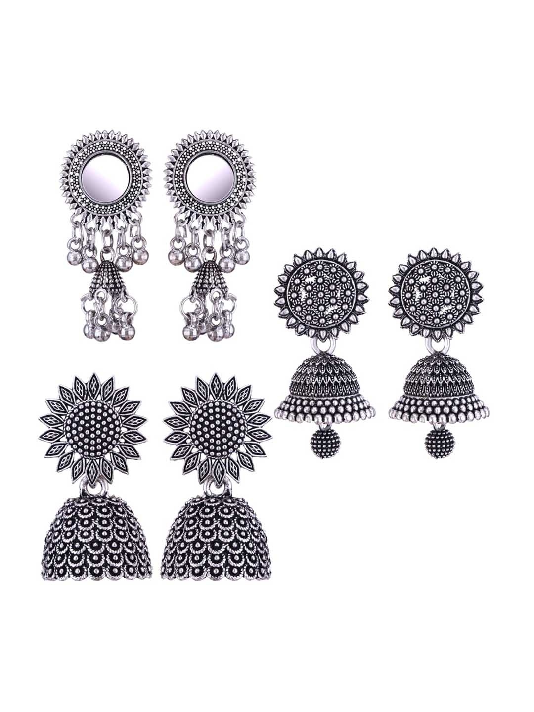 

MEENAZ Set Of 3 Stainless Steel Silver-Plated Peacock Shaped Jhumkas Earrings