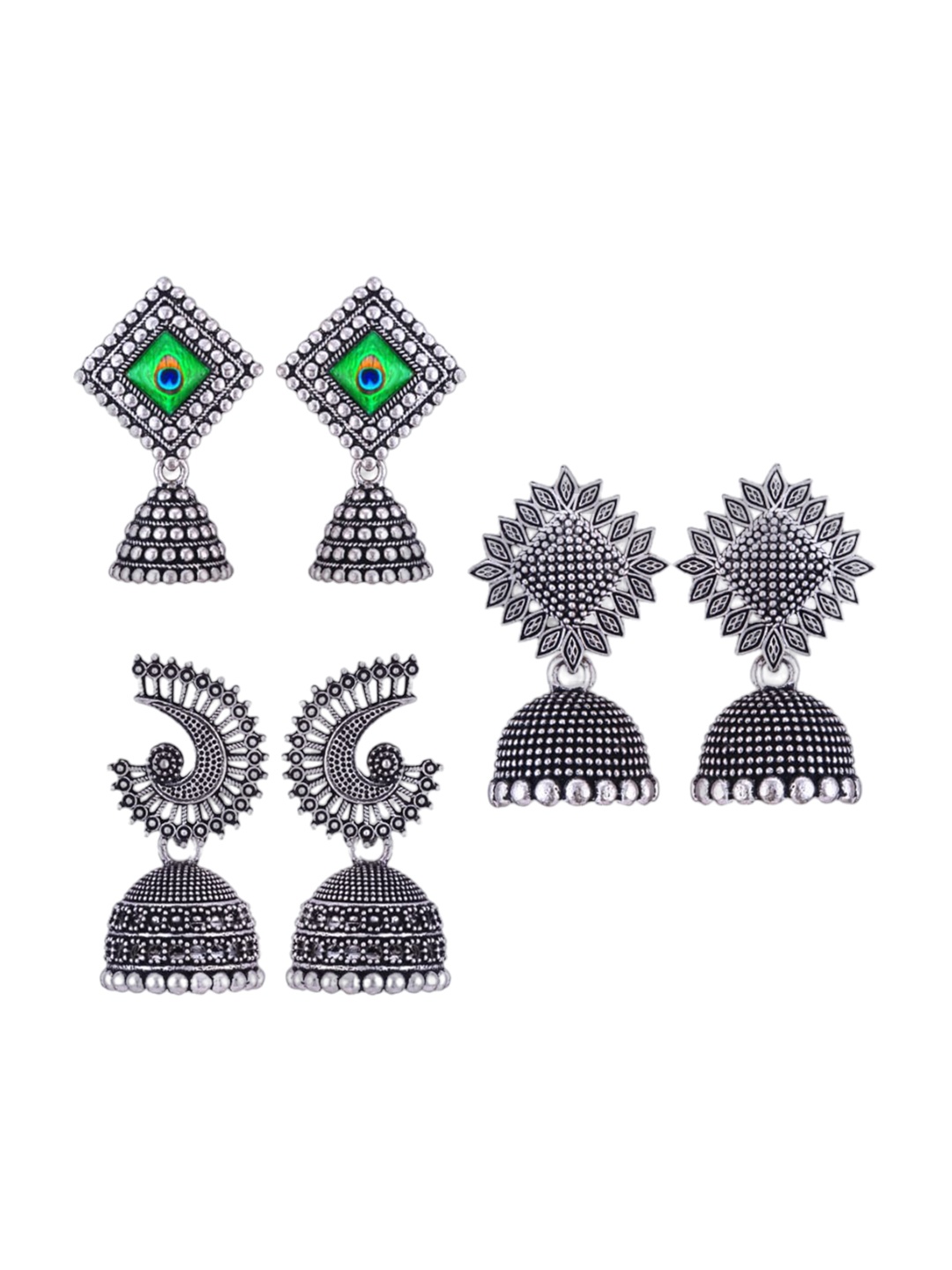 

MEENAZ Set Of 3 Silver-Plated Stainless Steel Peacock Shaped Jhumkas