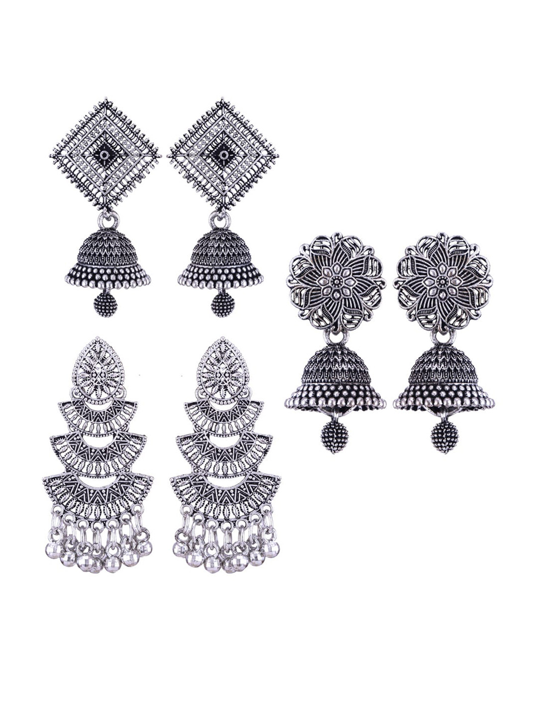 

MEENAZ Set Of 3 Dome-Shaped Silver-Plated Jhumkas