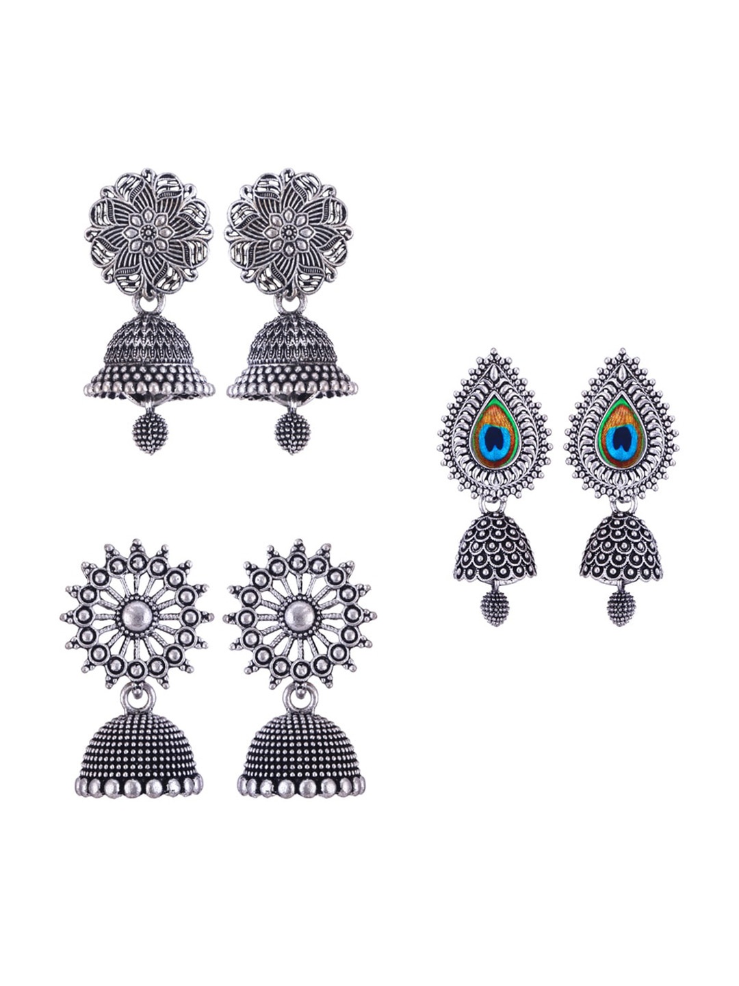 

MEENAZ Set of 3 Silver-Plated Dome Shaped Jhumkas Earrings