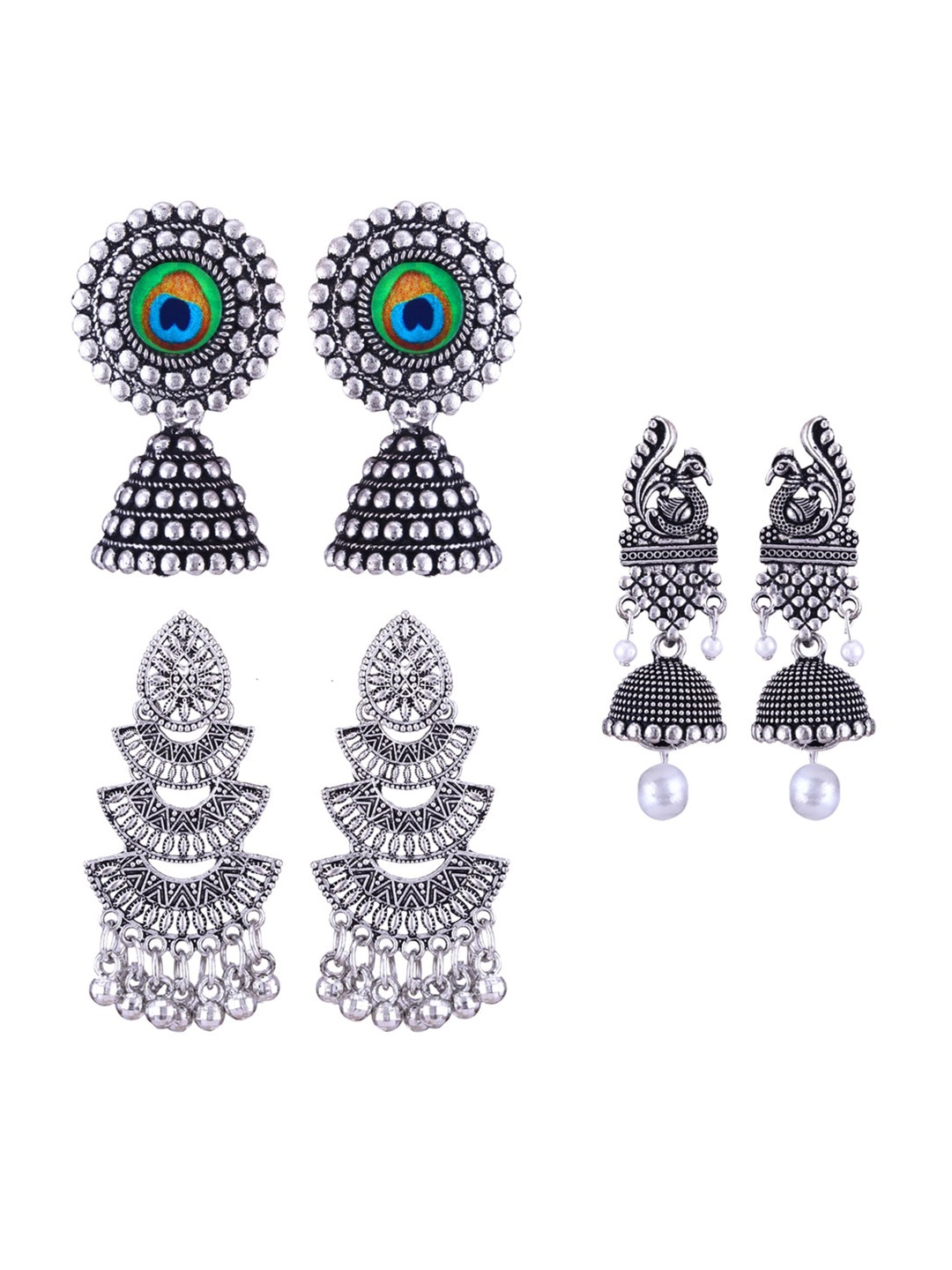 

MEENAZ Set Of 3 Silver-Plated Stainless Steel Studded & Beaded Peacock Shaped Jhumkas