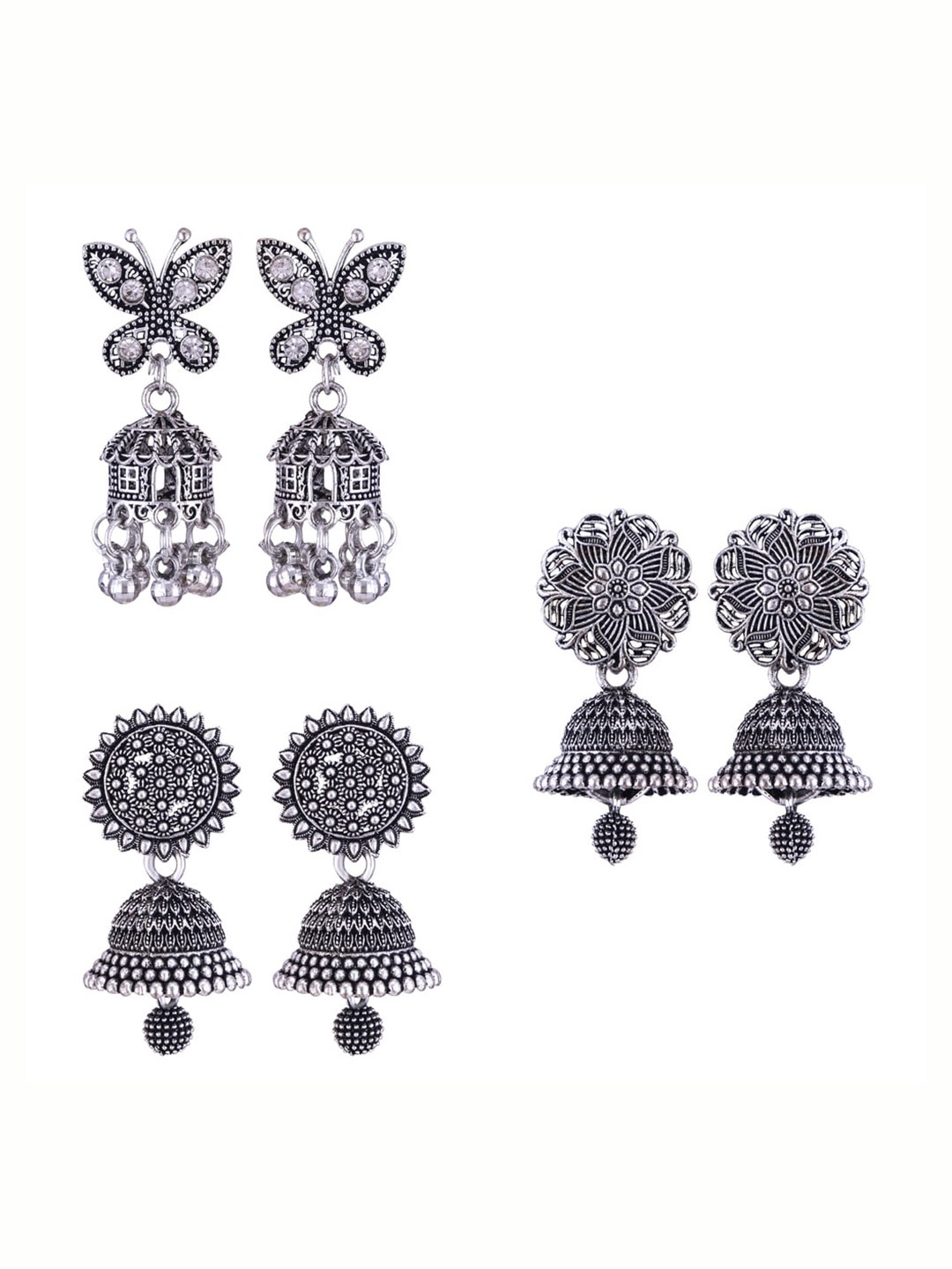 

MEENAZ Set Of 3 Silver-Plated Oxidised Peacock Shaped Jhumkas