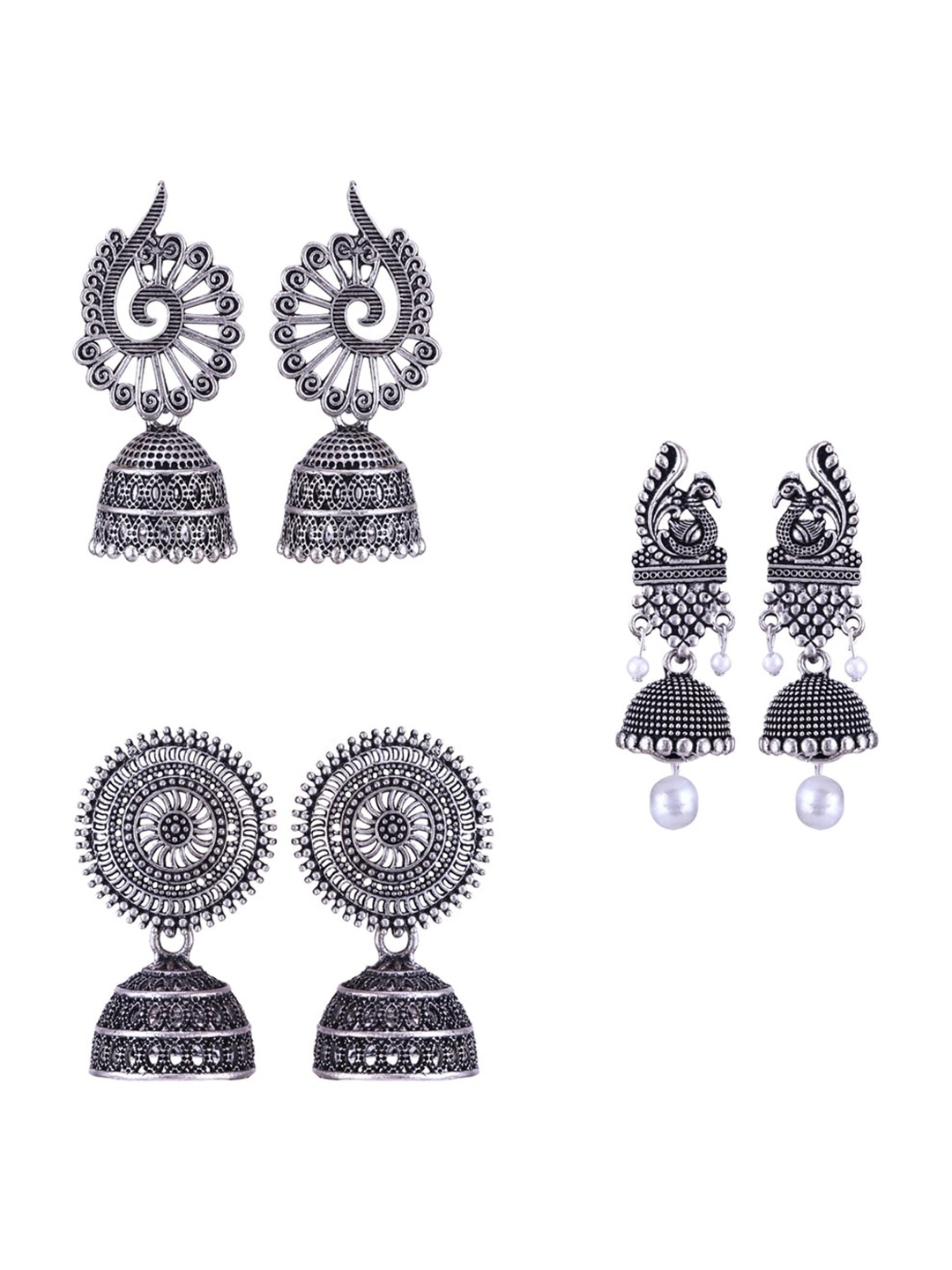 

MEENAZ Set Of 3 Silver-Plated Dome Shaped Jhumkas