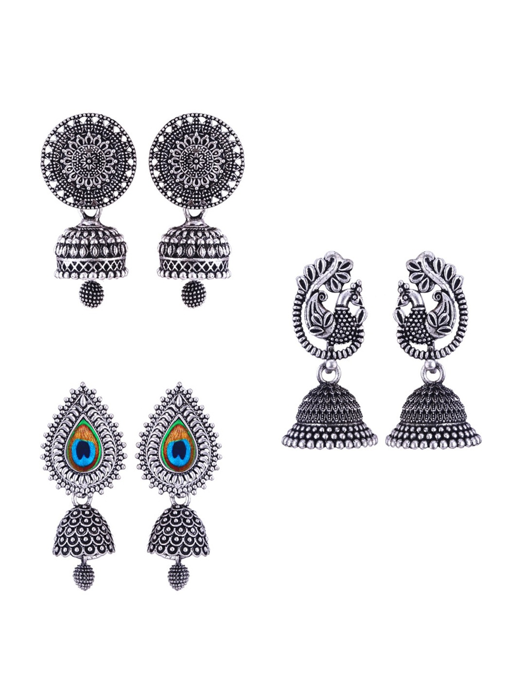 

MEENAZ Set Of 3 Silver-Plated Stone-Studded & Beaded Peacock Shaped Oxidised Jhumkas