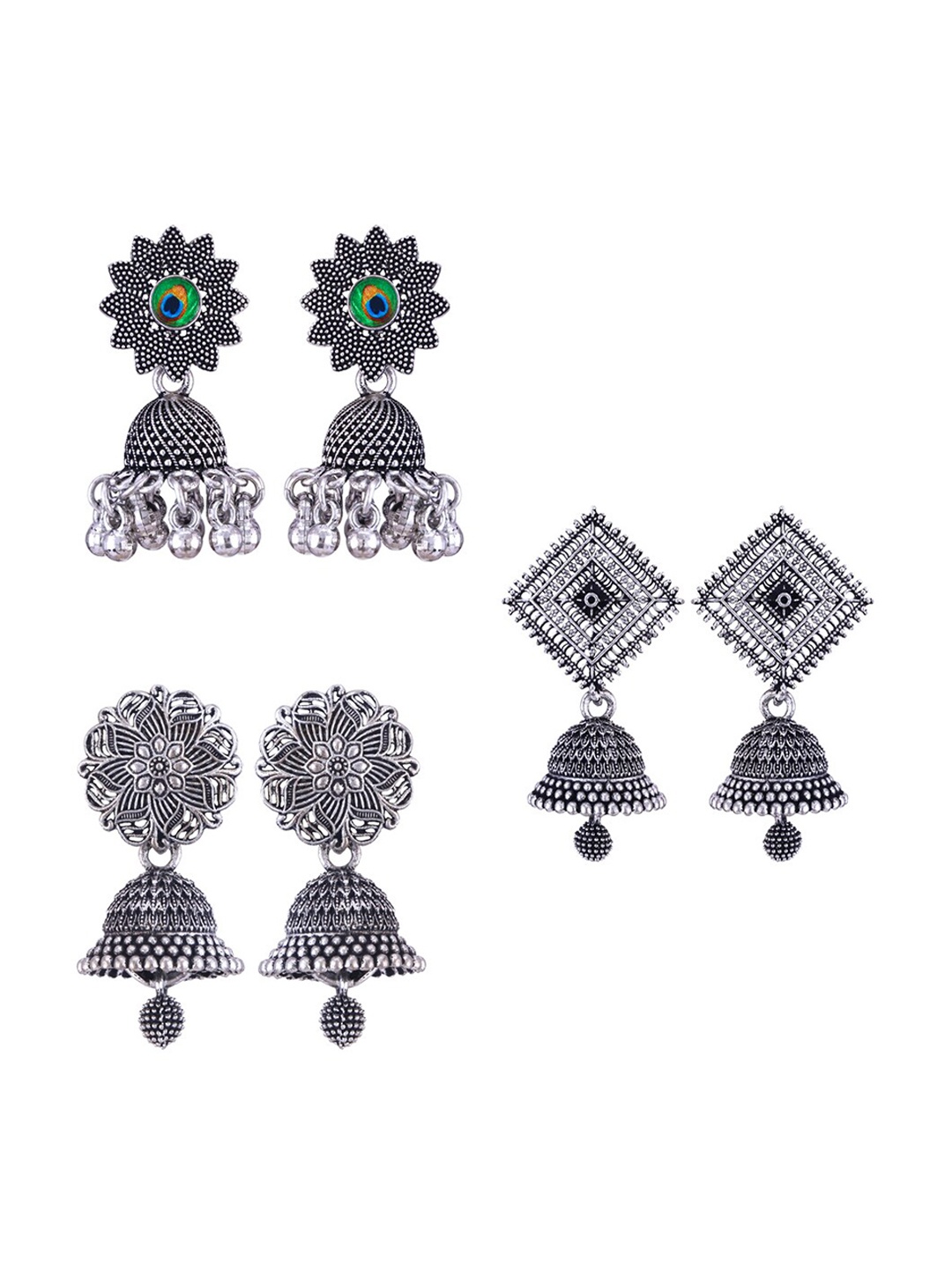 

MEENAZ Set Of 3 Silver Plated Stone Studded & Beaded Oxidised Peacock Shaped Jhumkas