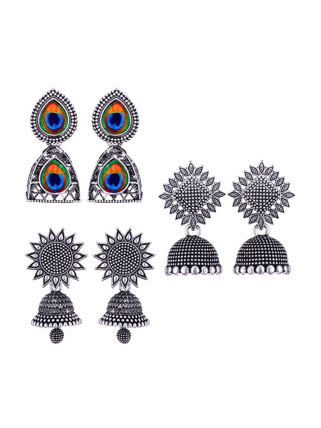 

MEENAZ Set Of 3 Silver-Plated Stainless Steel Oxidised Contemporary Jhumkas