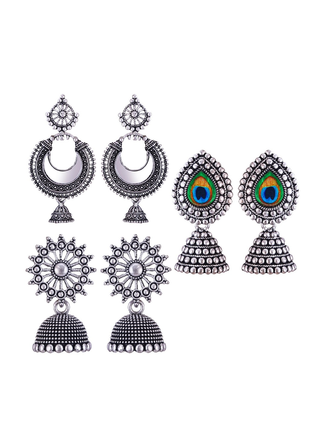 

MEENAZ Set Of 3 Silver-Plated Stainless Steel Peacock Shaped Jhumkas