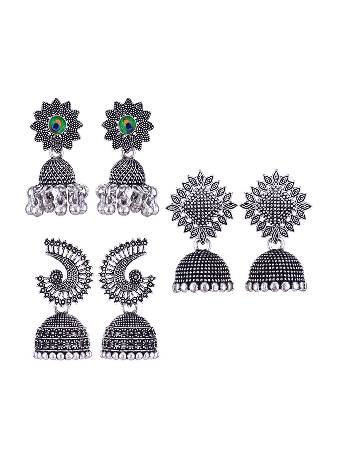 

MEENAZ Set Of 3 Silver-Plated Dome Shaped Oxidised Jhumkas