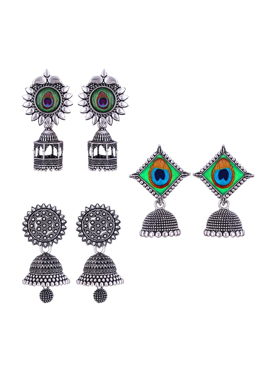 

MEENAZ Set Of 3 Silver-Plated Dome Shaped Oxidised Jhumkas