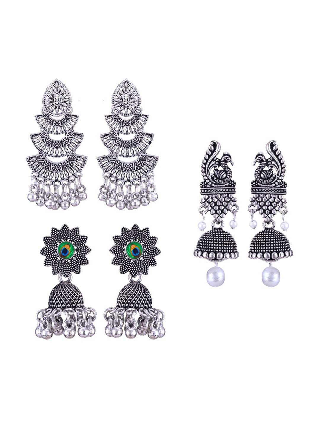 

MEENAZ Set Of 3 Silver-Plated Peacock Shaped Jhumkas