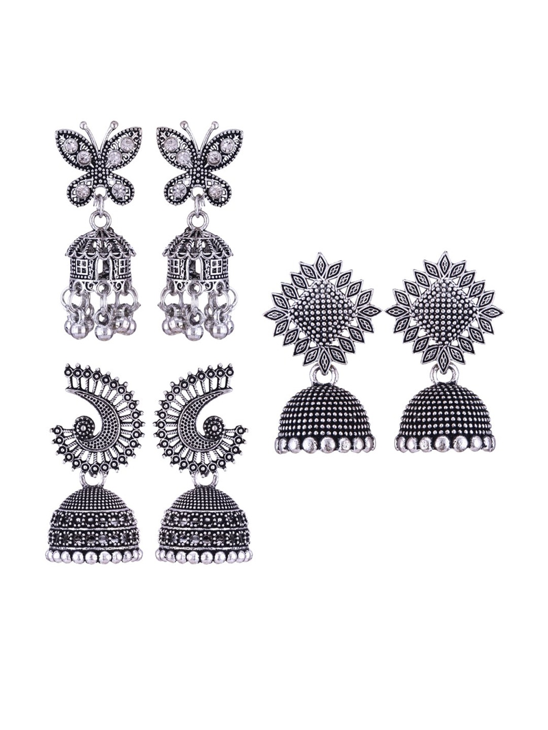 

MEENAZ Set Of 3 Silver-Plated Stone-Studded & Beaded Peacock Shaped Oxidised Jhumkas