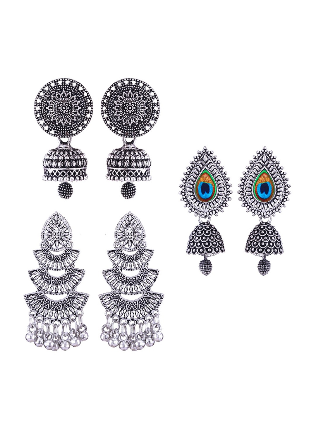 

MEENAZ Set of 3 Silver-Plated Dome Shaped Jhumkas Earrings