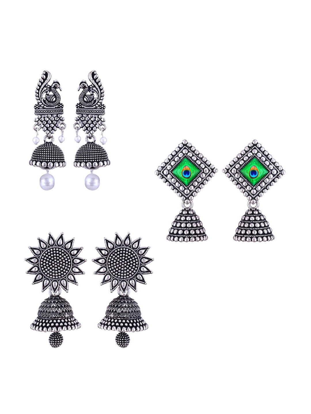 

MEENAZ Set Of 3 Stainless Steel Silver Plated Oxidised Dome Shaped Jhumkas