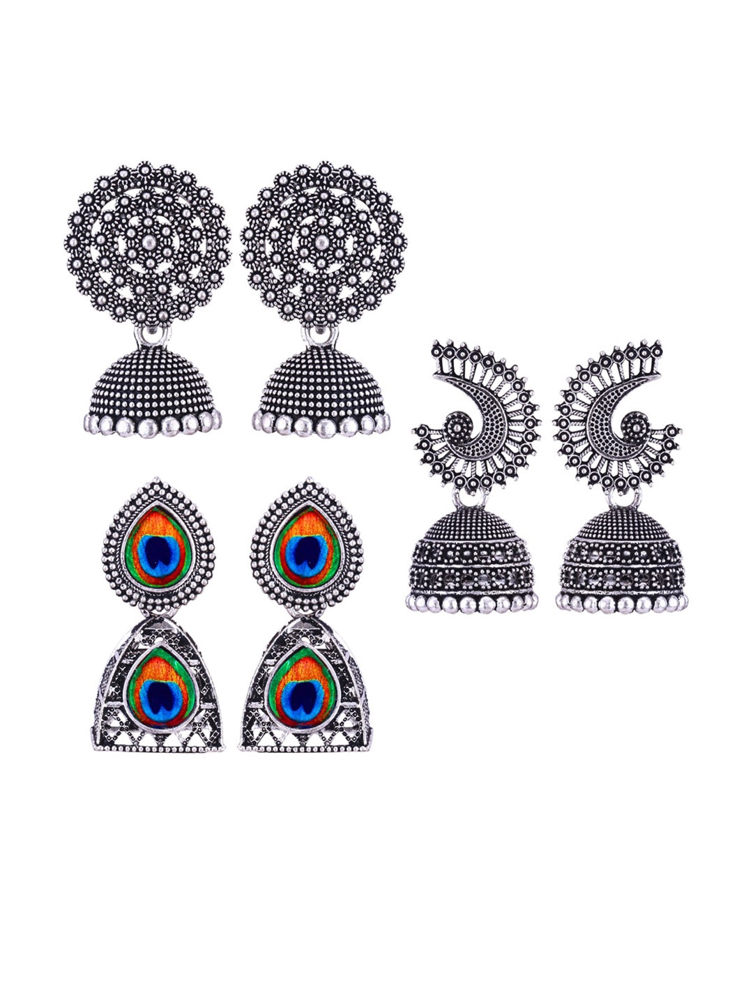 

MEENAZ Set Of 3 Silver-Plated Peacock Shaped Jhumkas