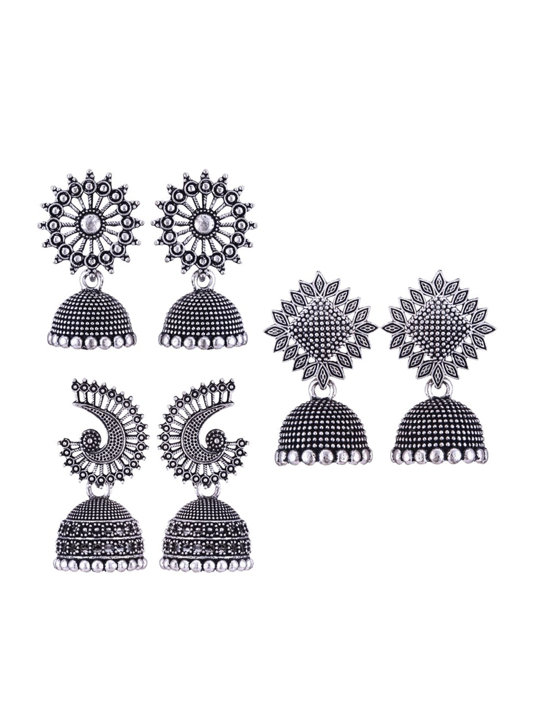 

MEENAZ Set Of 3 Silver-Plated Dome Shaped Jhumkas