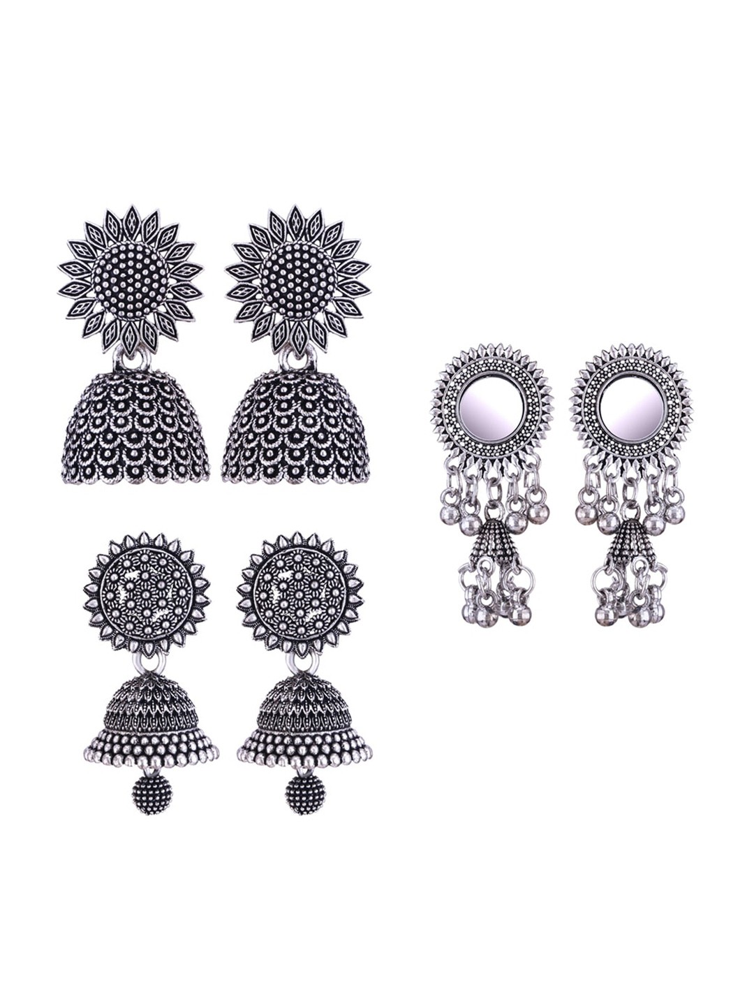 

MEENAZ Set Of 3 Silver-Plated Oxidised Dome Shaped Jhumkas