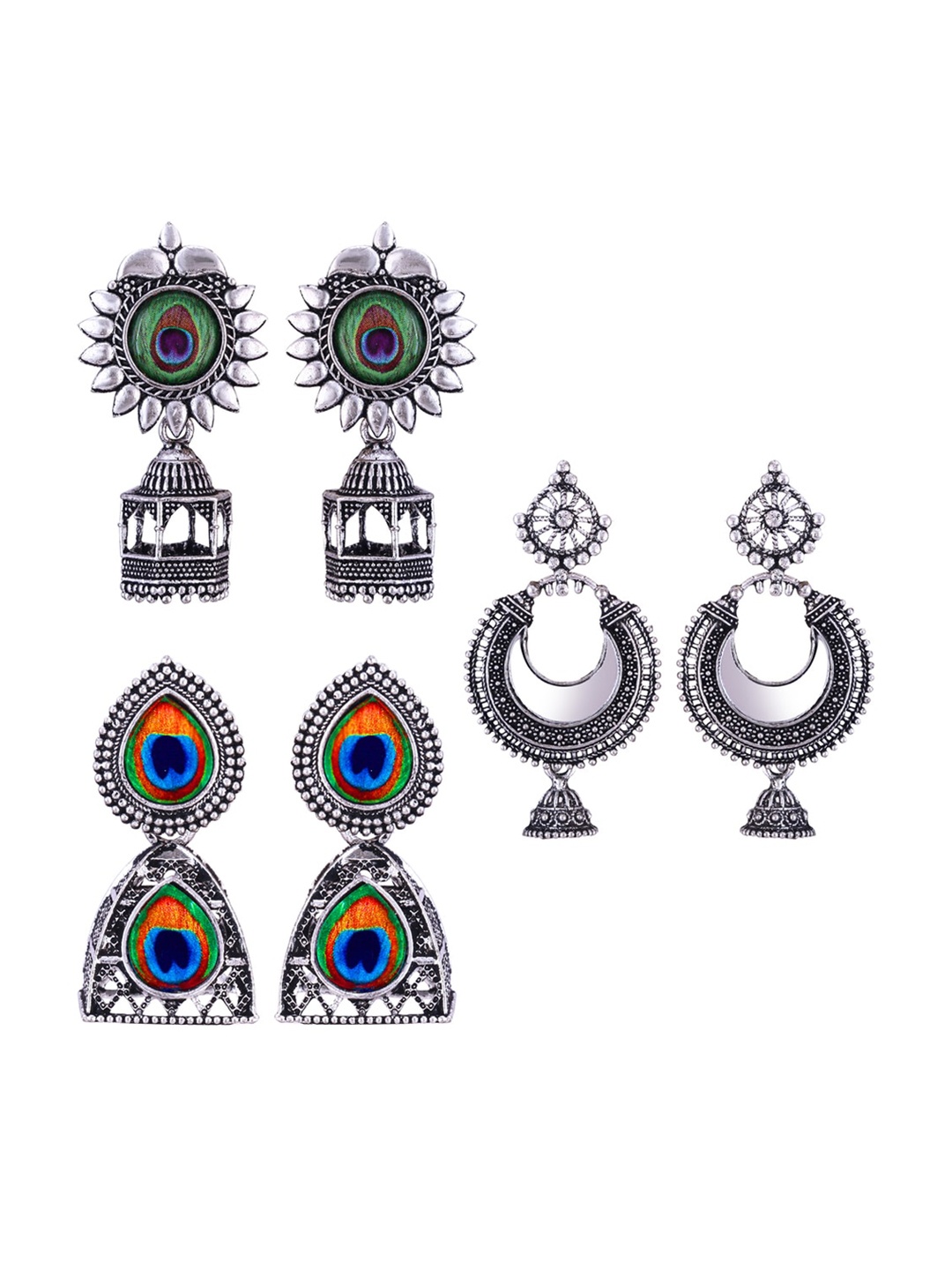 

MEENAZ Set Of 3 Silver-Plated Dome Shaped Jhumkas