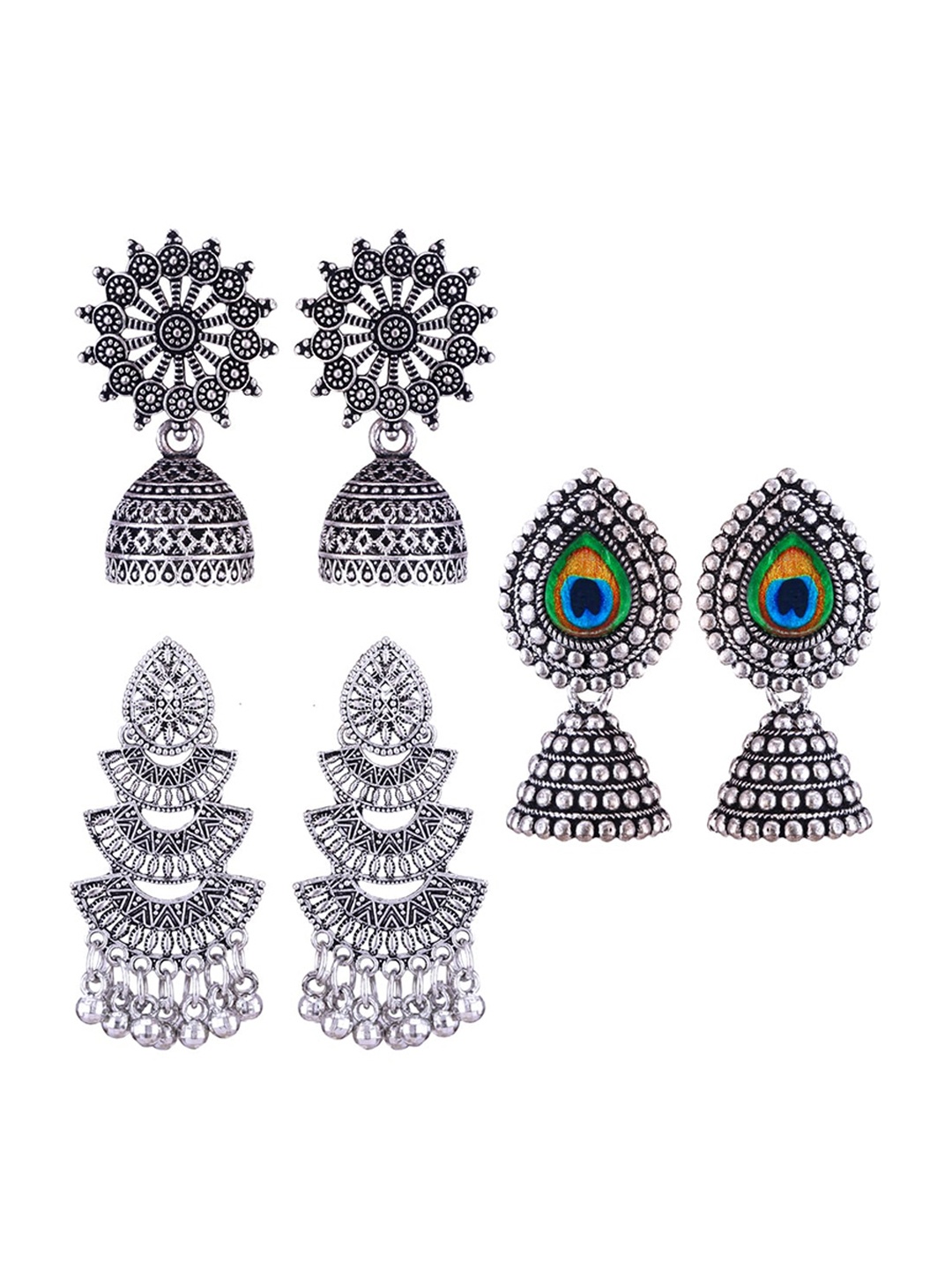 

MEENAZ Set of 3 Silver Plated Oxidised Jhumkas