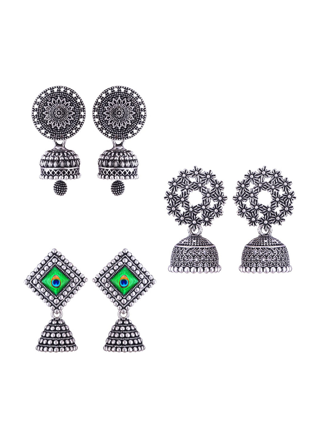 

MEENAZ Set Of 3 Silver-Plated Oxidised Dome Shaped Jhumkas