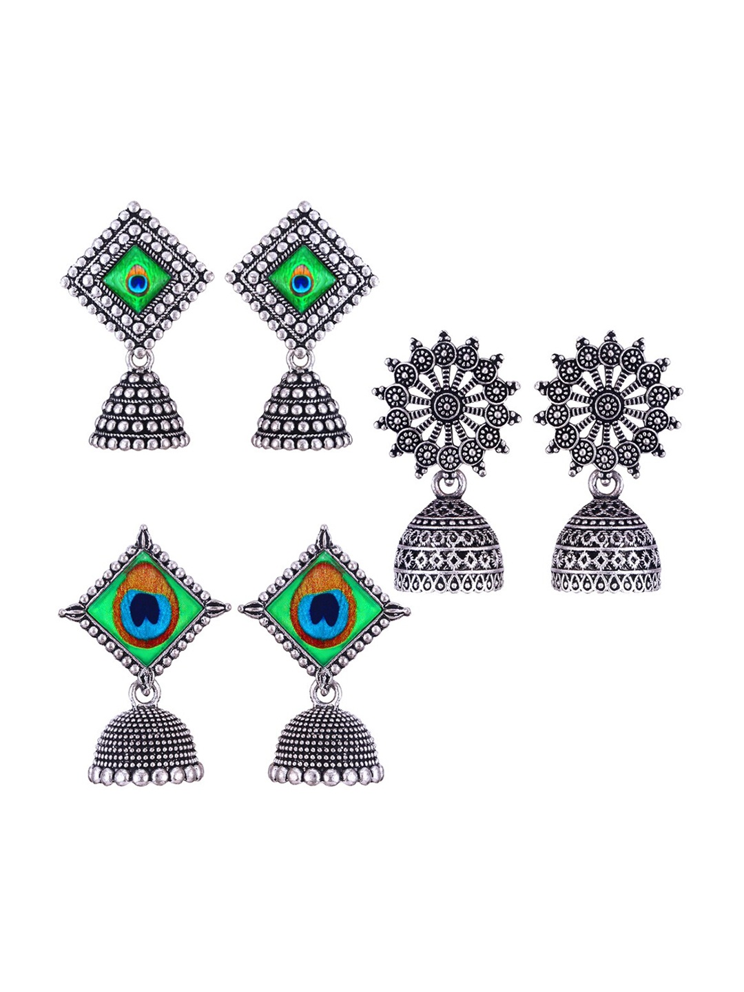 

MEENAZ Set Of 3 Silver-Plated Oxidised Jhumkas