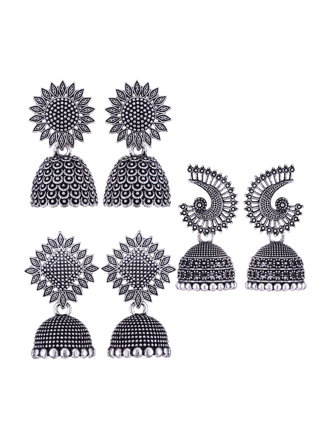 

MEENAZ Set Of 3 Silver-Plated Oxidised Peacock Shaped Jhumkas