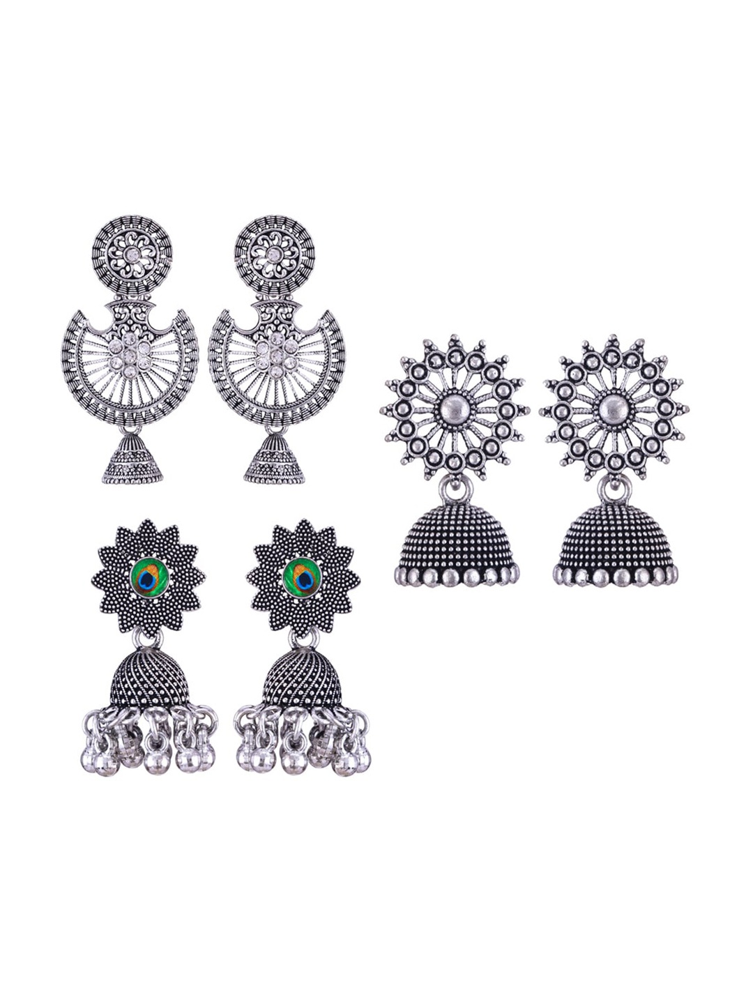 

MEENAZ Set Of 3 Peacock Shaped Silver-Plated Jhumkas