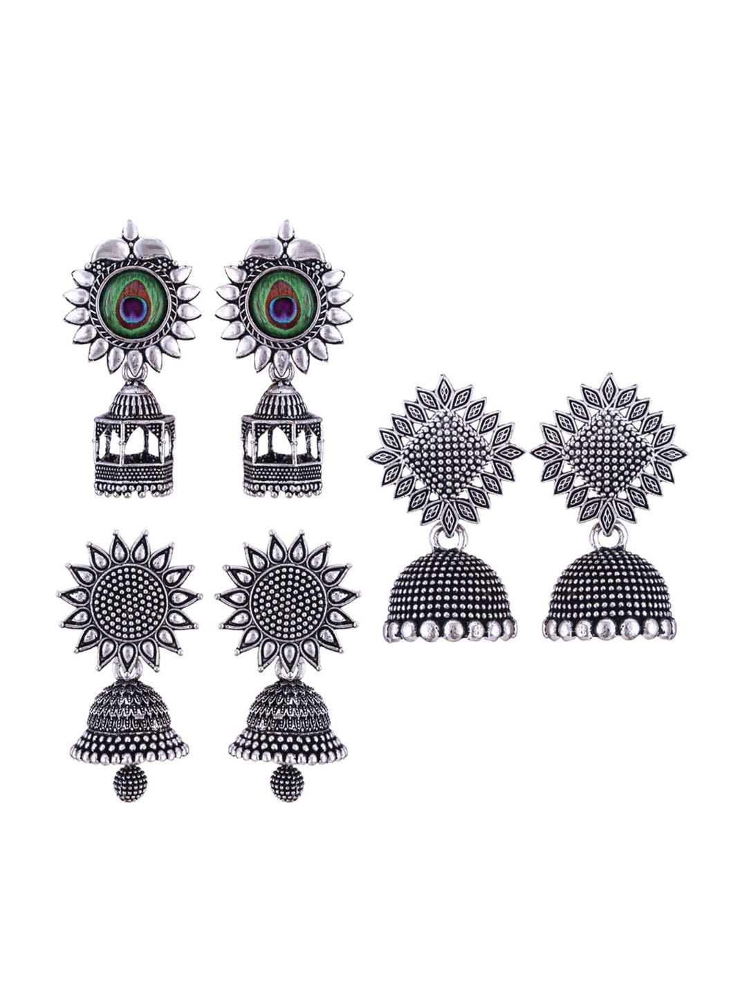 

MEENAZ Set Of 3 Silver Plated Oxidised Dome Shaped Stainless Steel Jhumkas