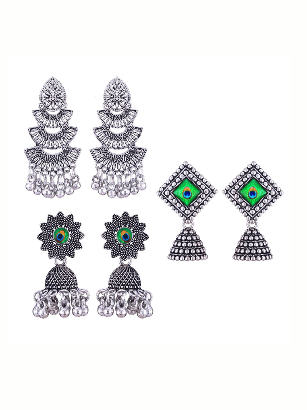 

MEENAZ Set Of 3 Silver-Plated Stainless Steel Oxidised Contemporary Jhumkas