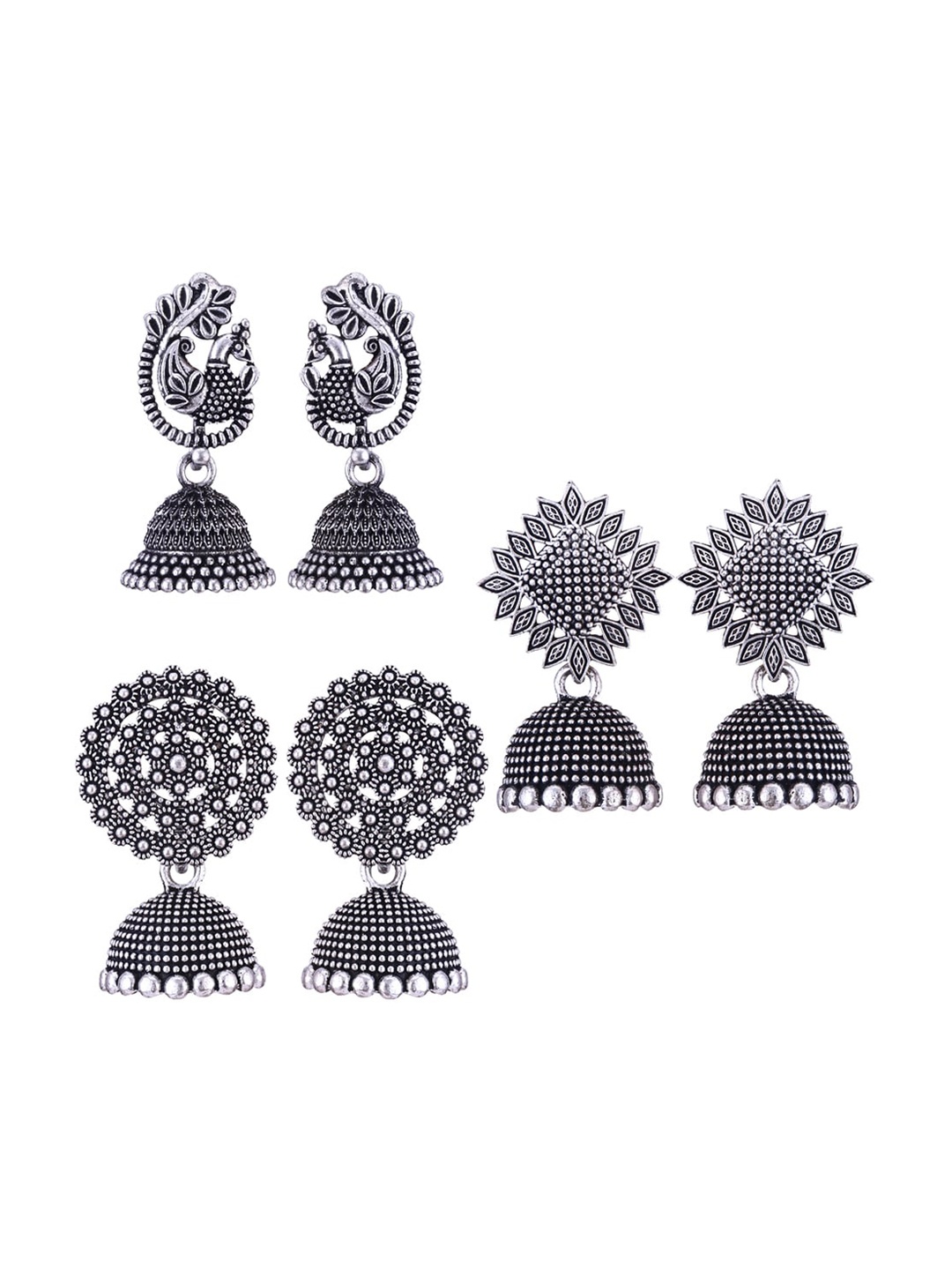 

MEENAZ Set Of 3 Silver-Plated Peacock Shaped Jhumkas