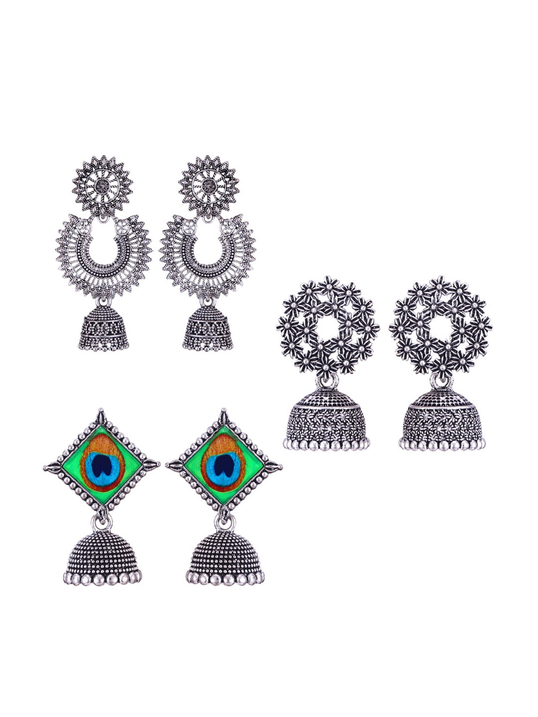 

MEENAZ Set Of 3 Peacock Shaped Silver-Plated Jhumkas