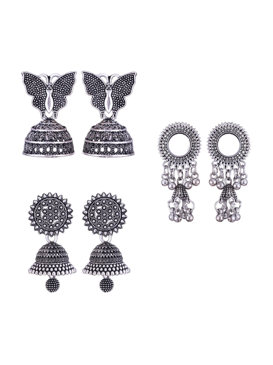 

MEENAZ Set Of 3 Silver-Plated Stainless Steel Oxidised Contemporary Jhumkas