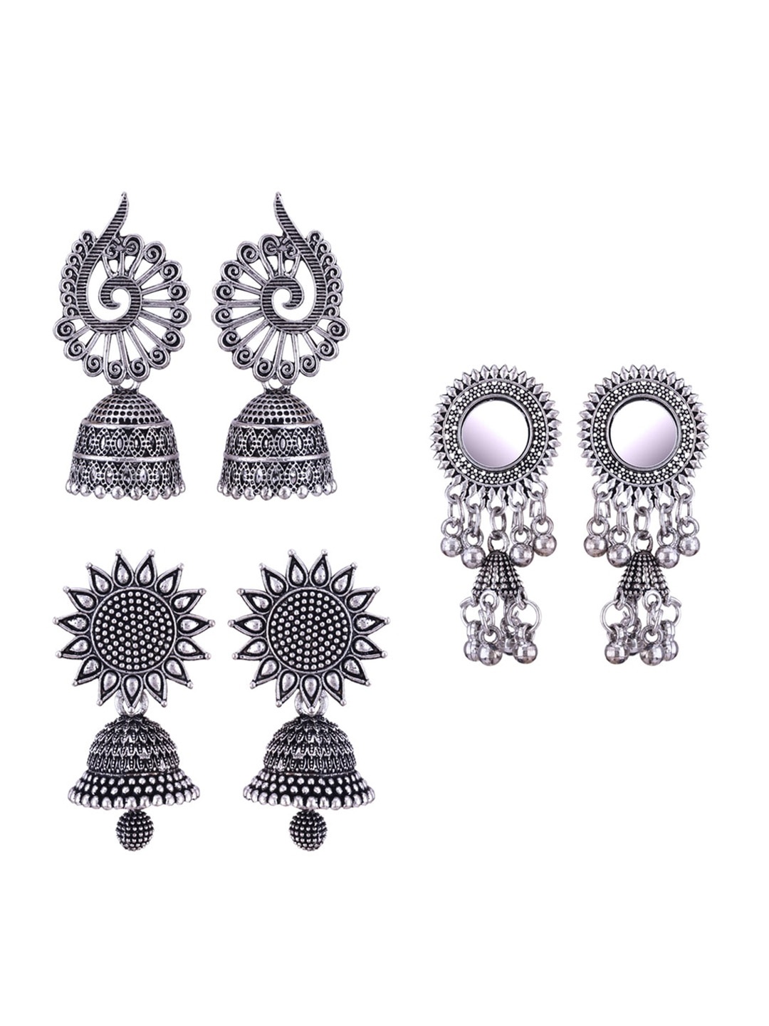 

MEENAZ Set Of 3 Silver-Plated Dome Shaped Oxidised Jhumkas