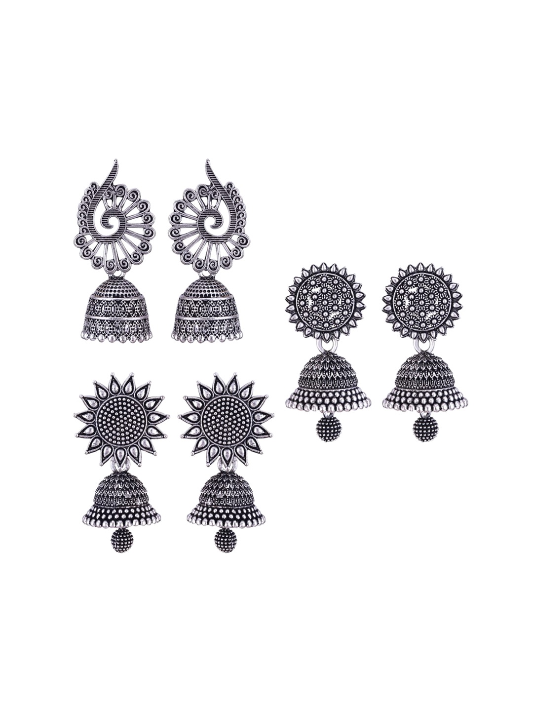 

MEENAZ Set Of 3 Stainless Steel Silver-Plated Peacock Shaped Jhumkas Earrings