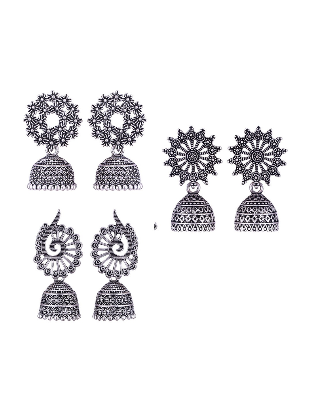 

MEENAZ Set of 3 Silver-Plated Dome Shaped Jhumkas Earrings