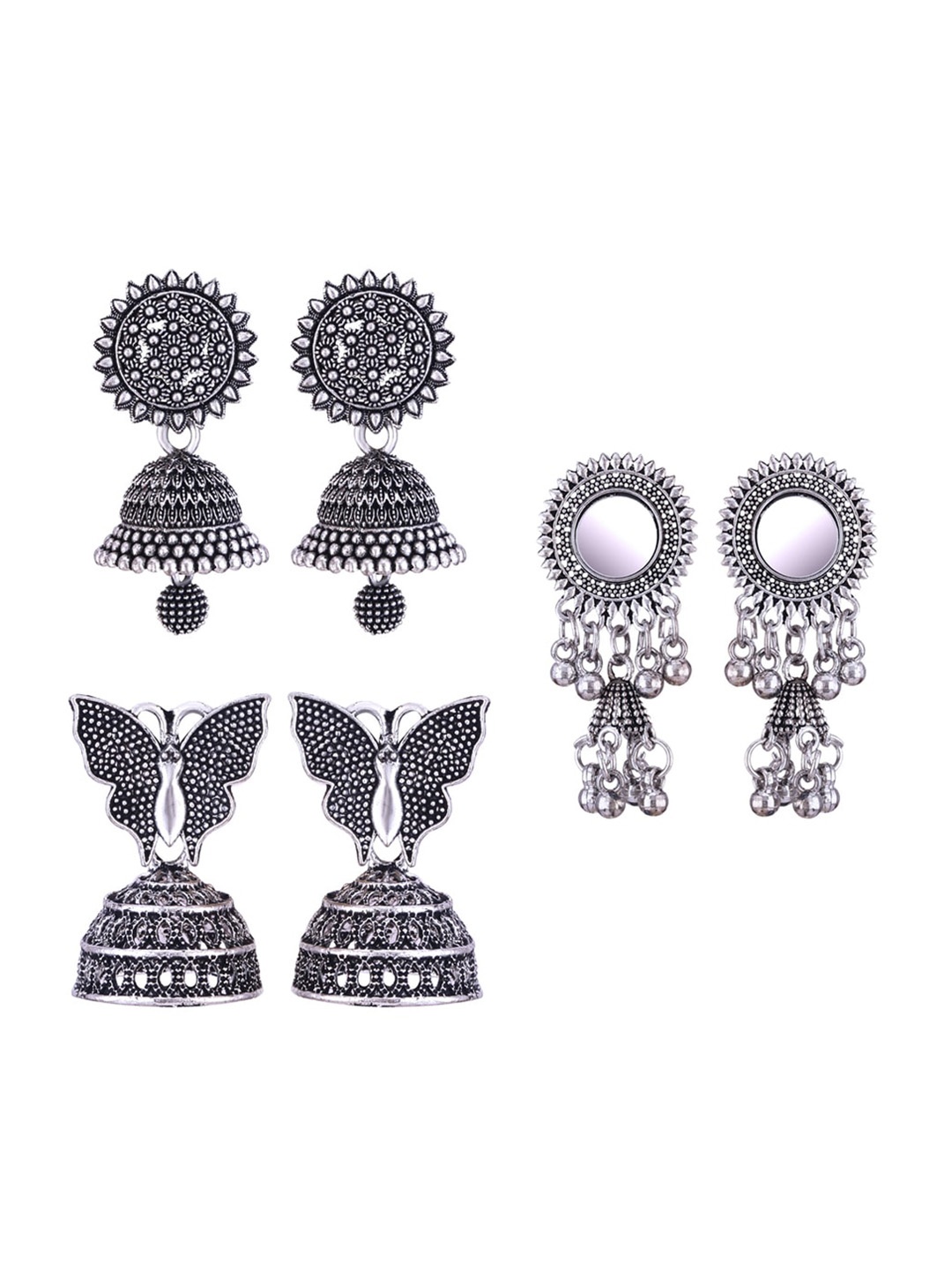 

MEENAZ Set Of 3 Peacock Shaped Silver-Plated Jhumkas