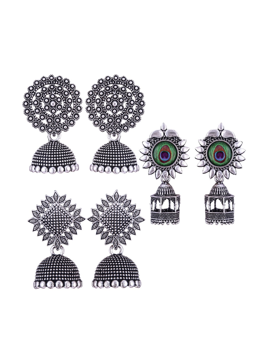 

MEENAZ Set Of 3 Silver-Plated Stainless Steel Studded & Beaded Peacock Shaped Jhumkas