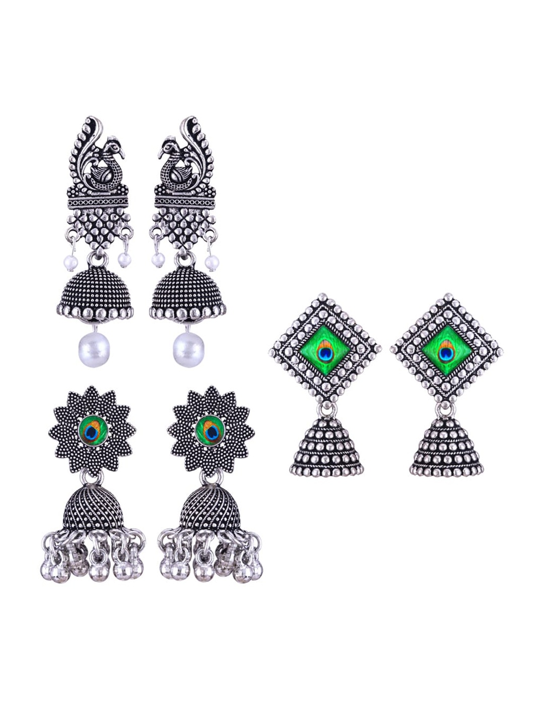 

MEENAZ Set Of 3 Silver Plated Peacock Shaped Oxidised Jhumkas