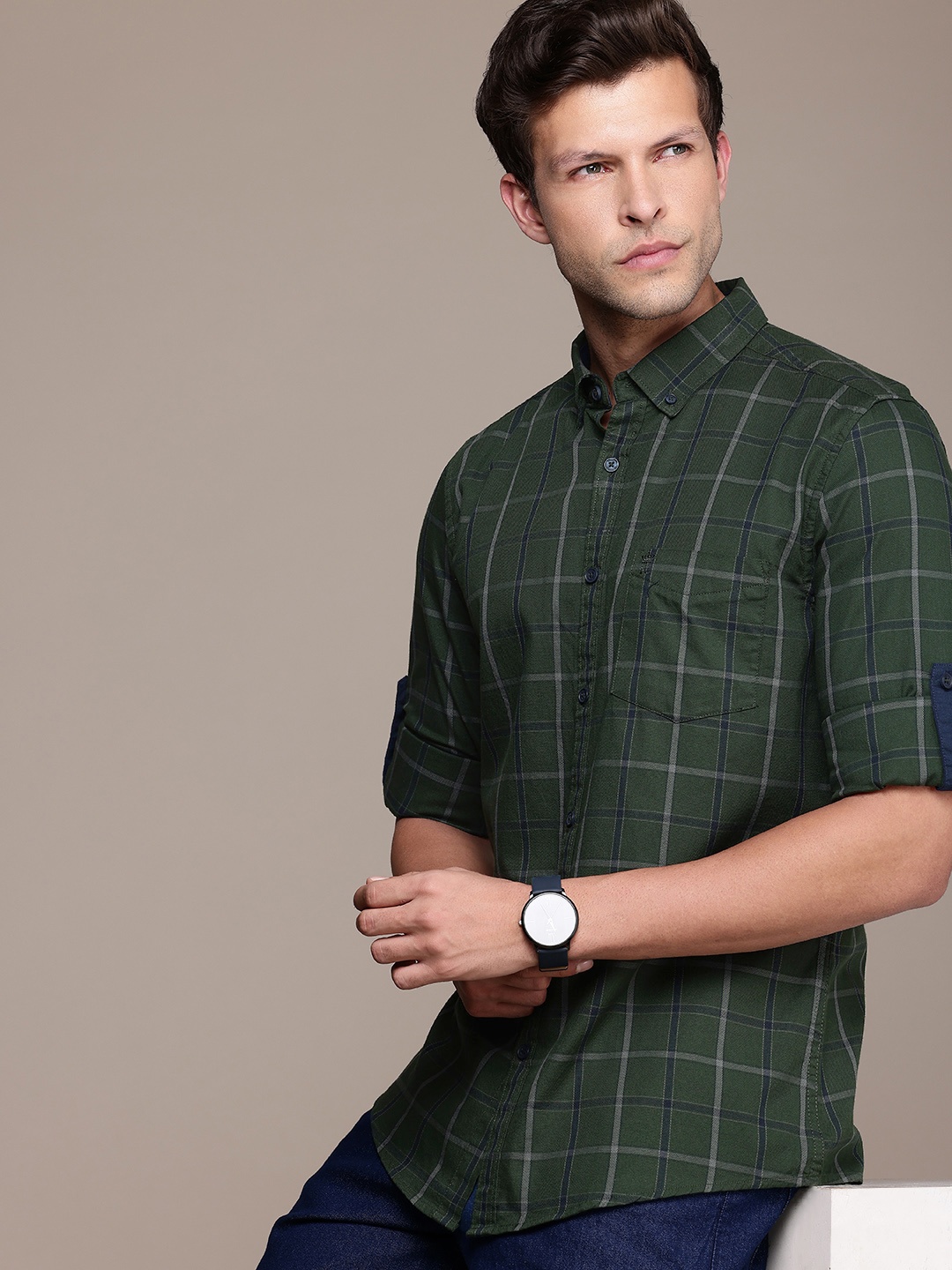 

French Connection Pure Cotton Slim Fit Checked Casual Shirt, Green