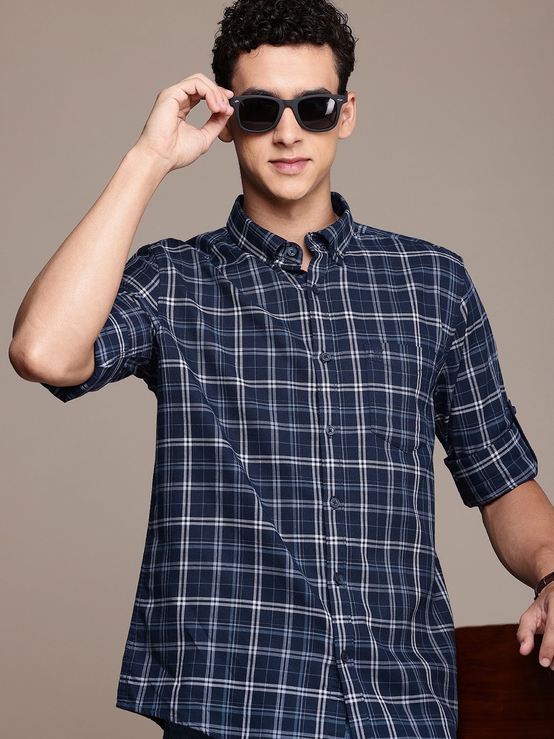 

French Connection Pure Cotton Slim Fit Checked Casual Shirt, Navy blue